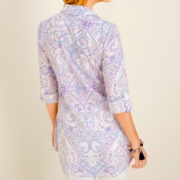 CHICOS Dress Shirt Tunic Purple White Paisley Floral Button Down Blouse Medium - Picture 3 of 16